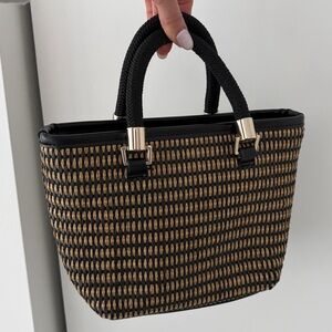 Zara Black & Tan Mini Straw Tote Handle Bag
